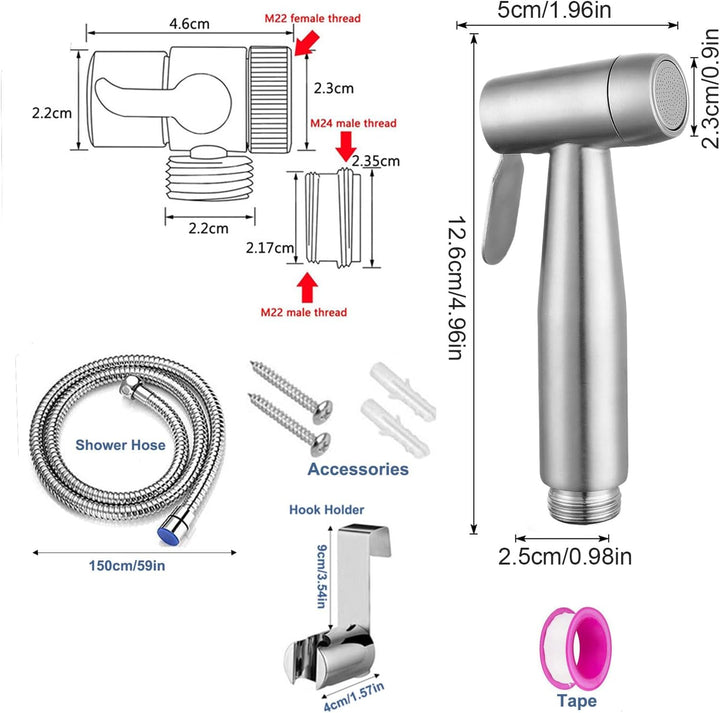 Bidet Edelstahl Handbrause, Badezimmer - Bidetaufsatz mit mit Wasserhahn-Spender, Federschlauchhaken