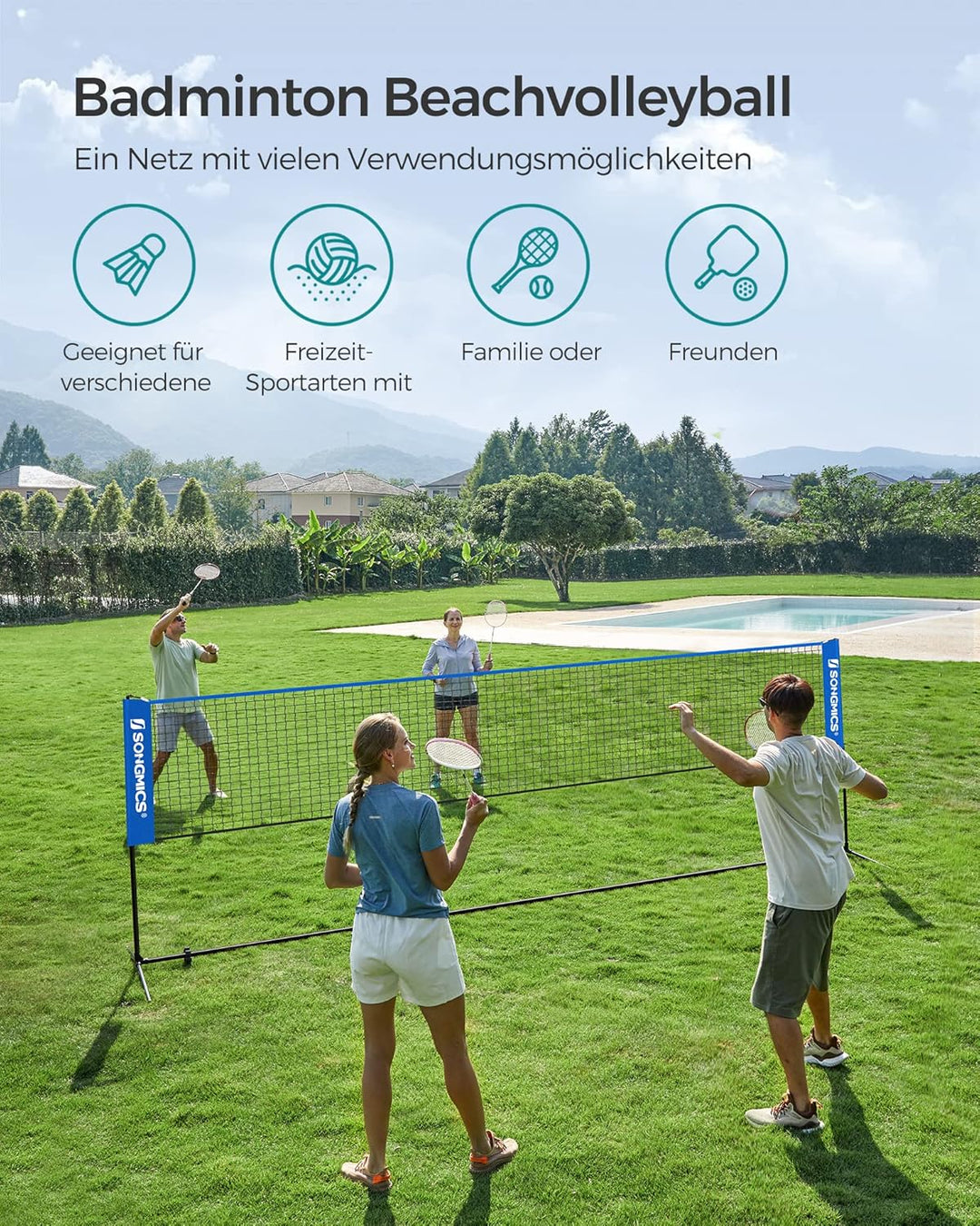 SONGMICS Badmintonnetz, faltbar, einfach zu montieren, leicht zu transportieren, höhenverstellbar (1