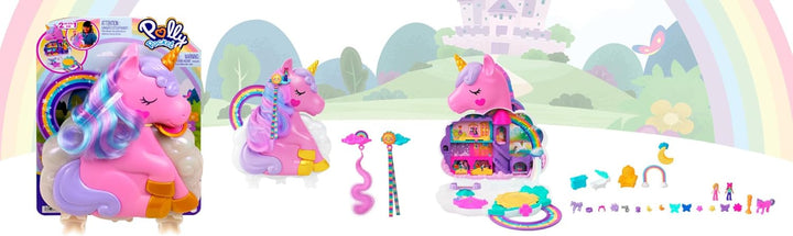 Polly Pocket Mini-Spielzeug, Regenbogen-Einhorn-Salon-Styling-Kopf und Spielset mit 2 kleinen Puppen
