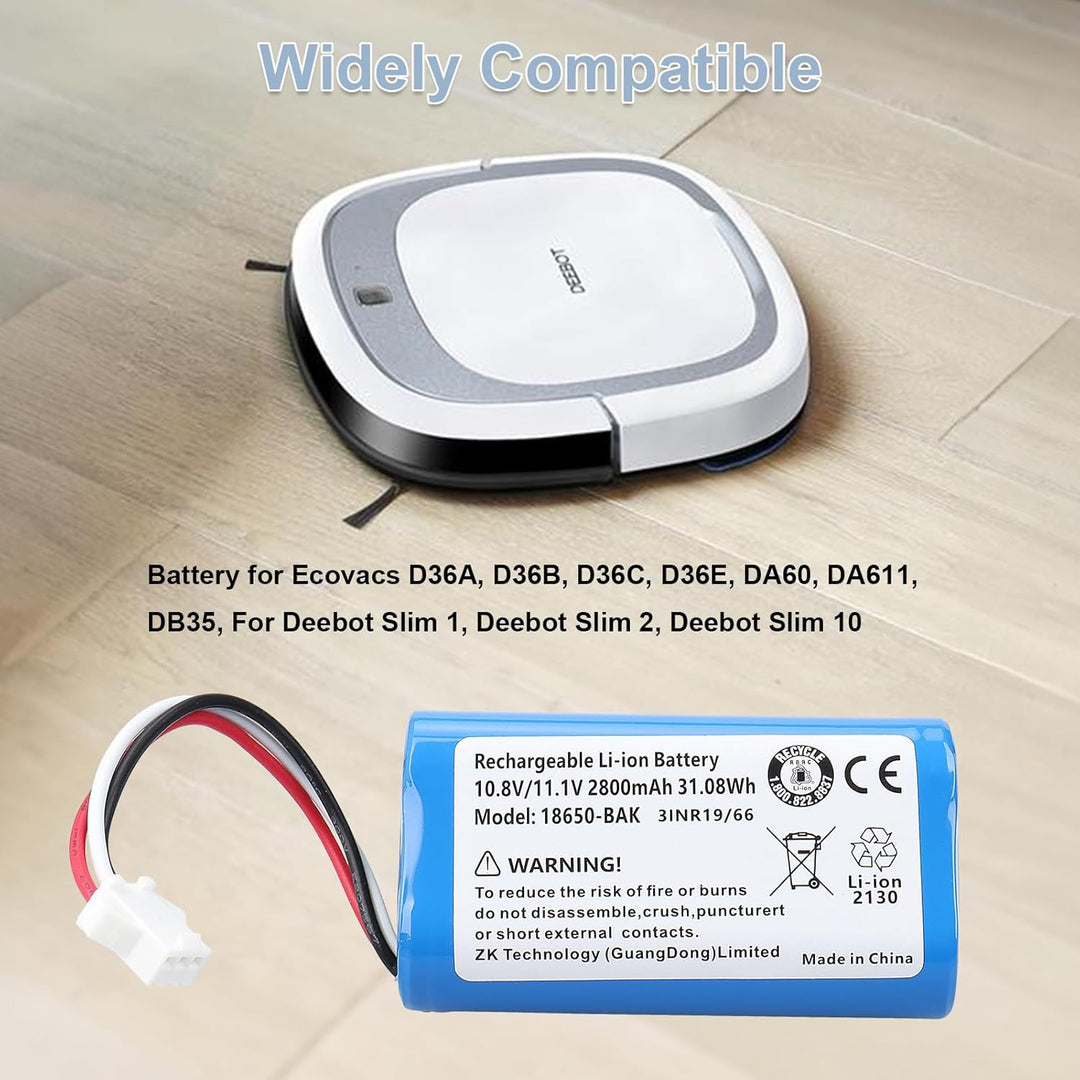 11,1 V, 2800 mAh, 31,08 Wh, Ersatz-Li-Ionen-Akku, kompatibel mit Ecovacs D36A, D36B, D36C, D36E, DA6
