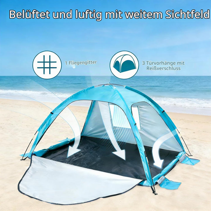 Strandmuschel, UV Schutz 50+ Familie Zelt für 3-4 Personen, Belüftung Strandzelt mit 3 Reissverschlu