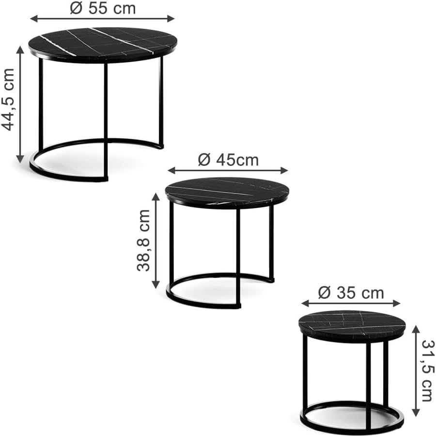 Vicco Couchtisch-Set Montreal, Schwarzer Marmor, 55 x 55 cm 3 Teile Schwarzer Marmor 3er Set, Schwar
