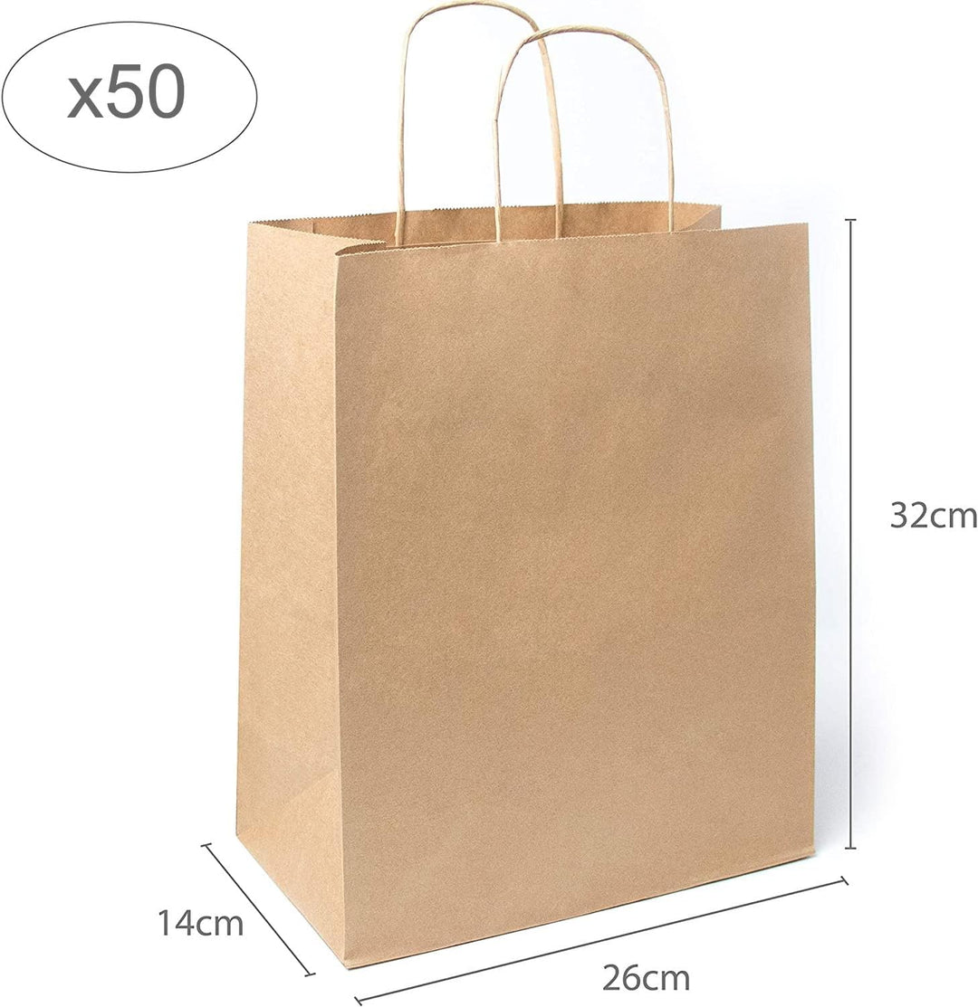 Extiff 50 braune Einkaufstaschen aus Kraftpapier mit Griffen, 26 x 14 x 32 cm, Einkaufstasche/Gesche