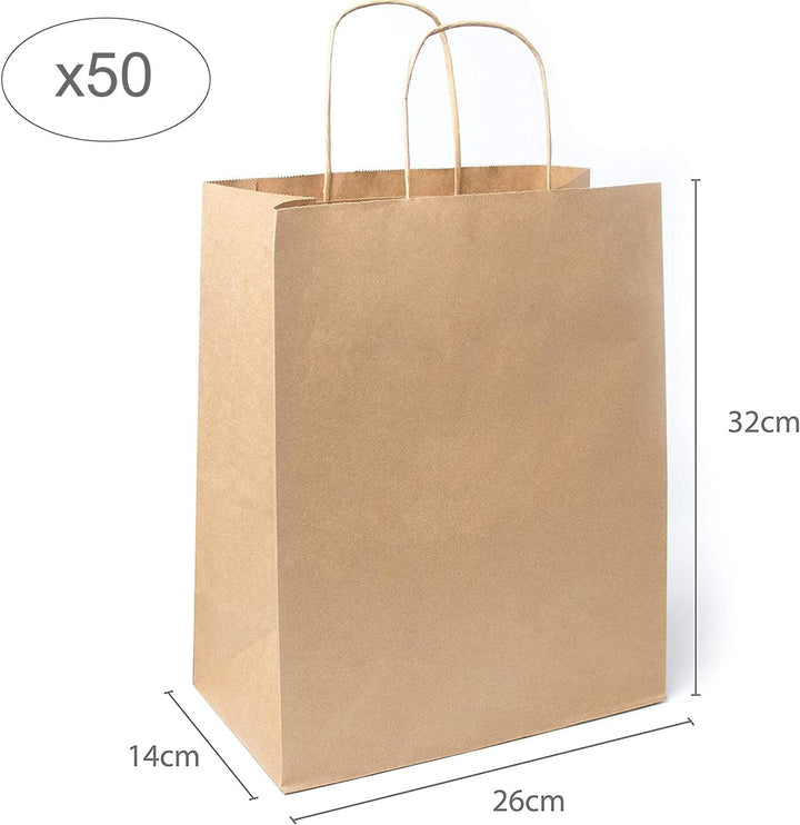 Extiff 50 braune Einkaufstaschen aus Kraftpapier mit Griffen, 26 x 14 x 32 cm, Einkaufstasche/Gesche