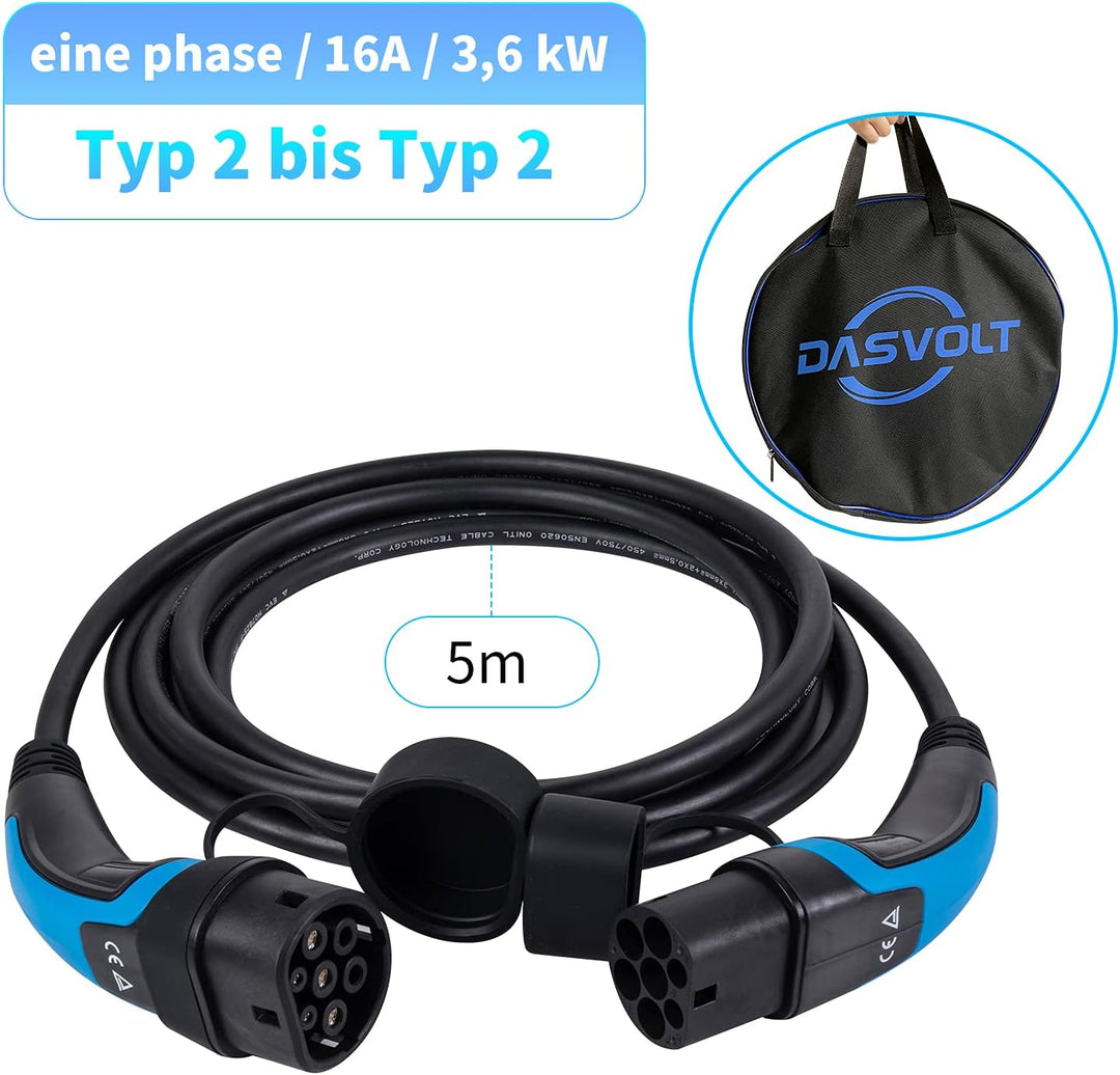 lighteu, DasVolt® EV/Ladekabel für Elektroauto und Hybrid PHEV | Typ 2 bis Typ 2 | 16 Ampere (3,6 kW