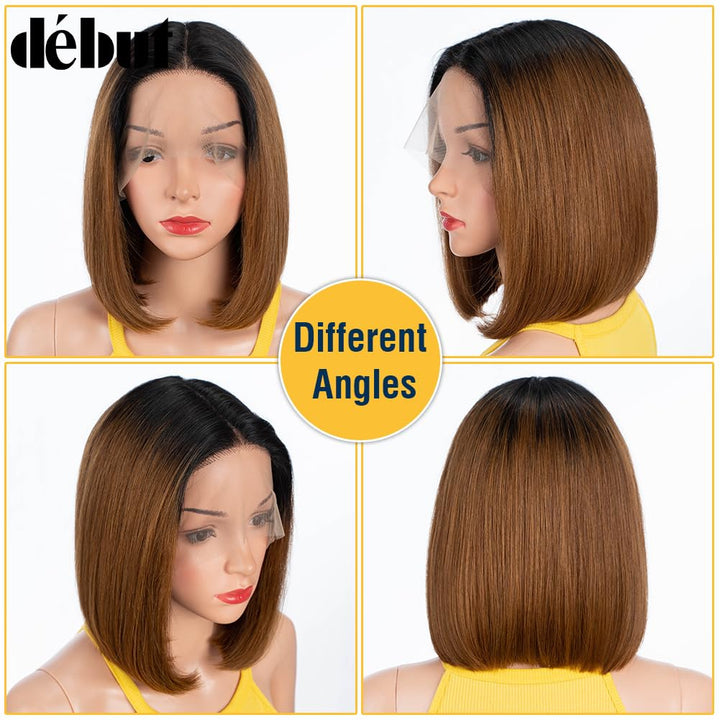DÉBUT Glatte Bob Perücke, Echthaar, T-Teil, Spitzenfront, Bob-Perücke, vorgezupft, mit Babyhaar, 150