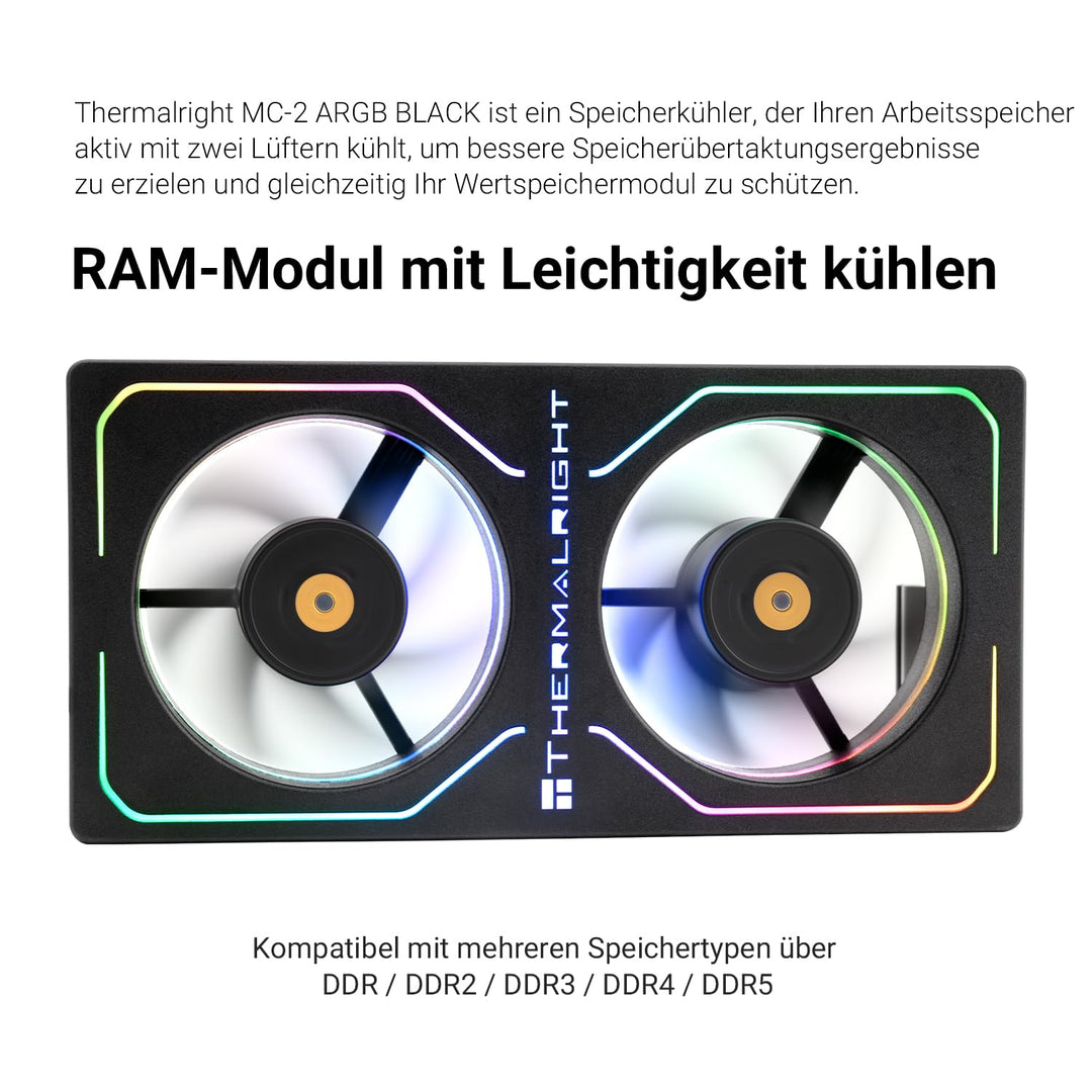 Thermalright MC-2 ARGB Black Memory Cooler, Dual-Lüfter mit 3200 U/min PWM-Design, leiser RAM-Kühler