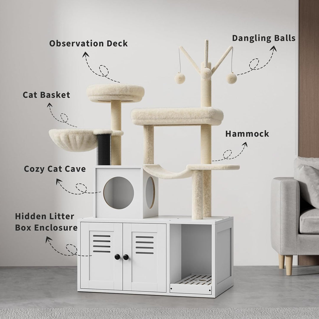 Katzenbaum Mit Katzenklo Schrank, 146 cm Hoch, Katzenhaus Aus Holz Mit Kratzbaum, HäNgeball, Katzenr