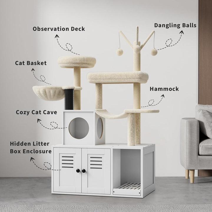 Katzenbaum Mit Katzenklo Schrank, 146 cm Hoch, Katzenhaus Aus Holz Mit Kratzbaum, HäNgeball, Katzenr
