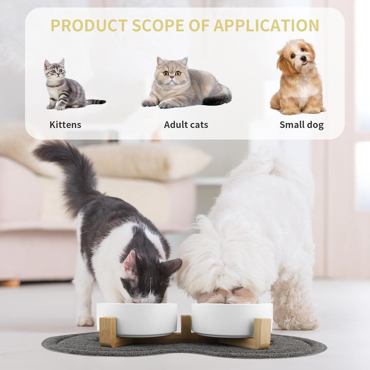 Katzennapf, 2 Stück Keramik Futternapf Katze Set, 3-in-1 rutschfeste Katzennäpfe mit Holzstände und