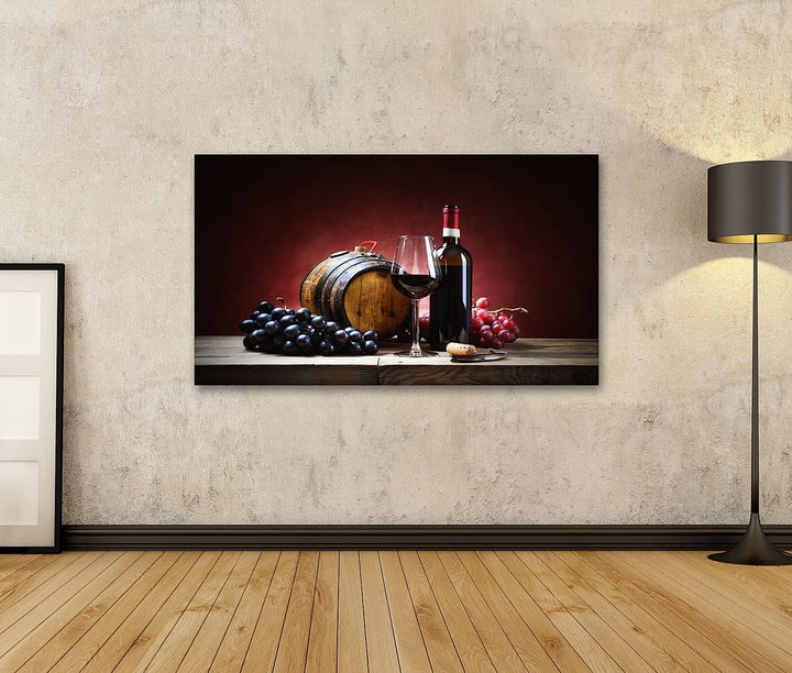 islandburner Bild auf Leinwand Rotwein Glas Trauben Flasche Kleines Fass Bilder Wandbilder Poster Le