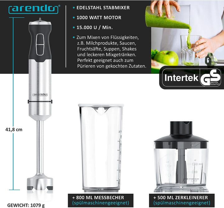 Arendo - Stabmixer Edelstahl, Mix- und Messbecher, 2 Geschwindigkeitsstufen, leichtes Gehäuse, 4-Kli