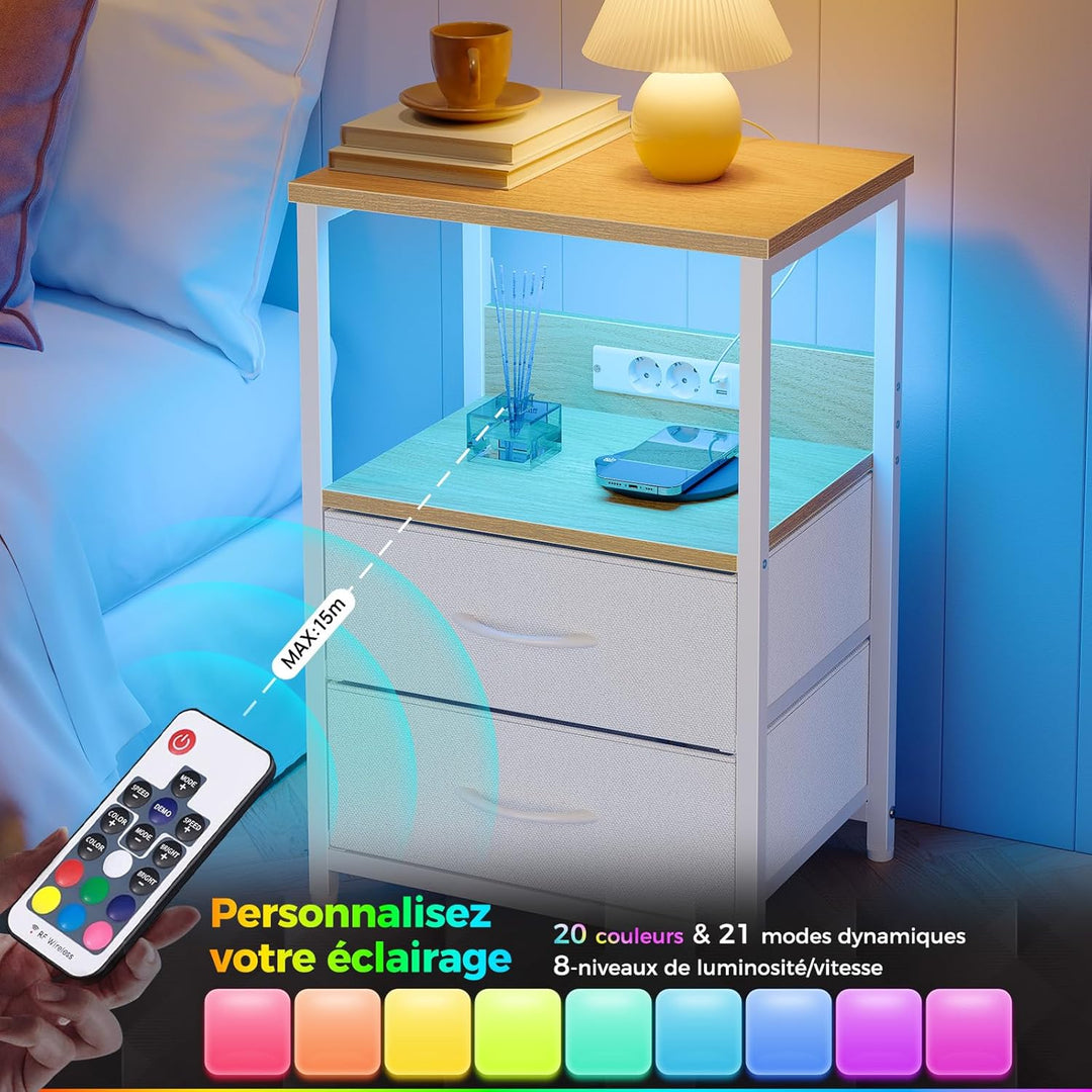 Rolanstar Nachttisch mit Ladefunktion, Beistelltisch mit LED-Leuchten, 2 Stoffschubladen & 3-stufige