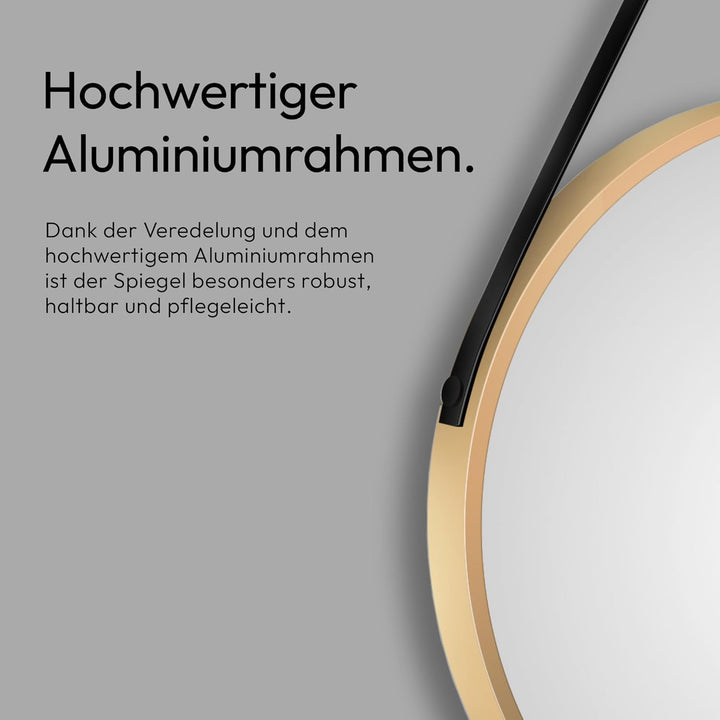 Talos Golden Style Spiegel rund Ø 50 cm – runder Wandspiegel in Gold mit Aufhänge Band in Lederoptik