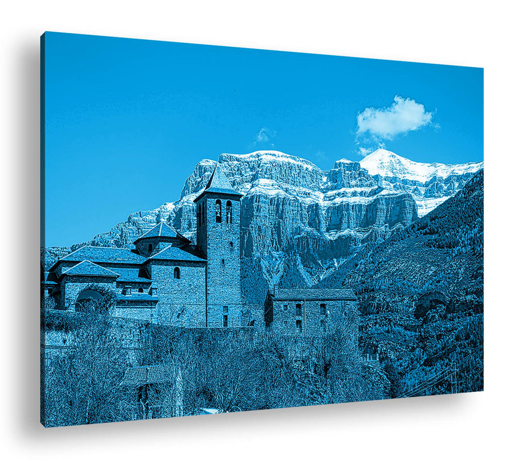 Burg in den Pyrenäen Format 80x60 Effekt: Monocrome Blau als Leinwandbild, Motiv fertig gerahmt auf