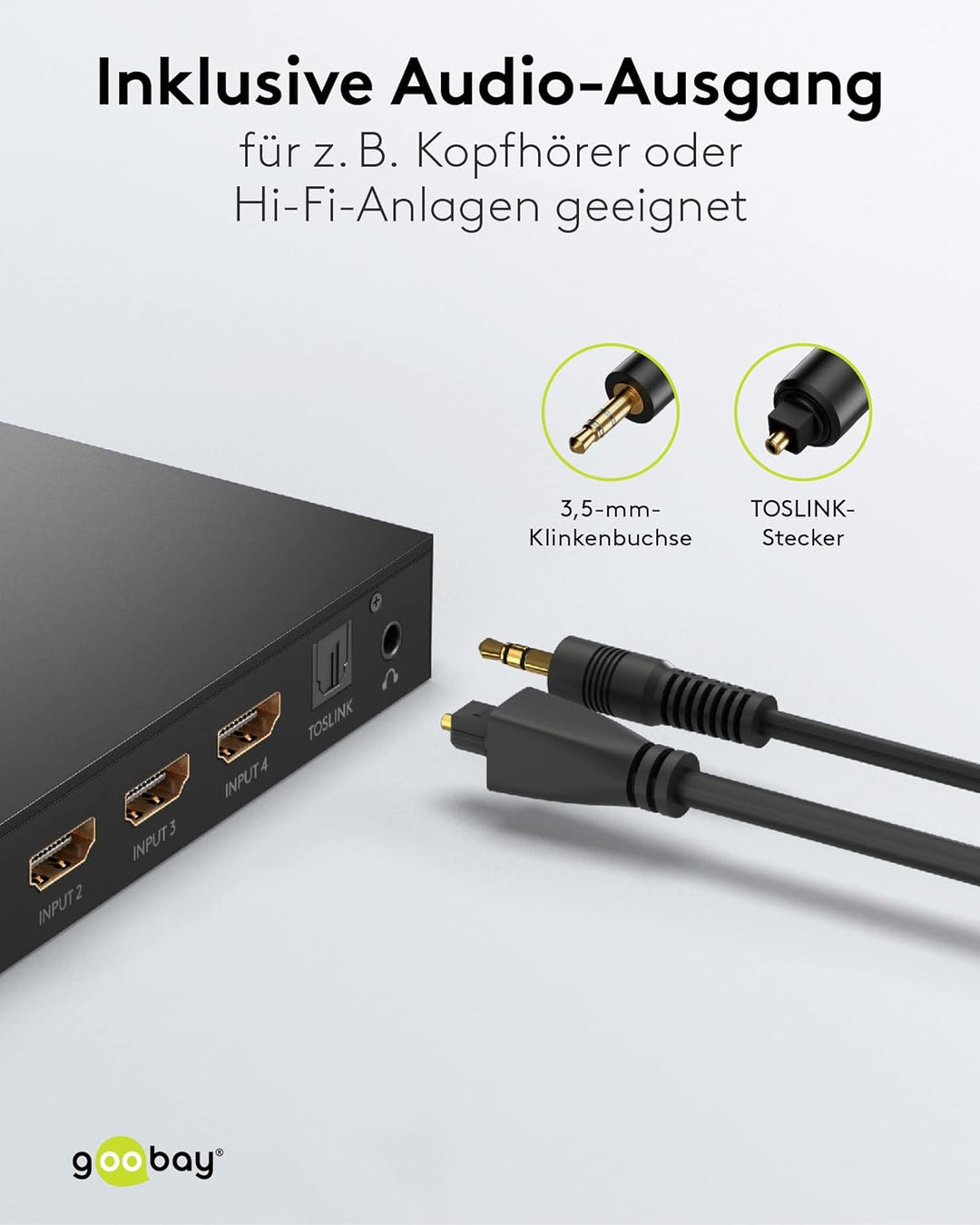 goobay 58490 HDMI Umschaltbox mit Audio Ausgang/HDMI Verteiler unterstützt Auflösungen bis zu 4K@60H