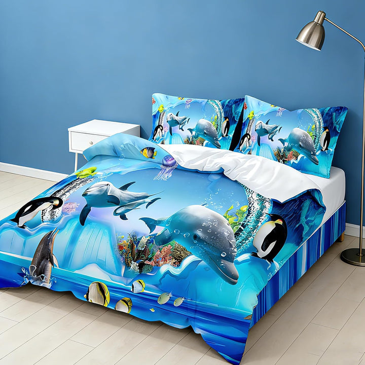 EHAOKK 3D Meer Tier Bettwäsche Set,Delfin,Tropischer Fisch,Korallen,Meeresleben Bettbezug,Blaue Unte