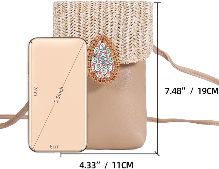 NICOLE & DORIS Damen Handytasche Zum Umhängen Klein Handy Schultertasche Stroh+PU Leder Handy Tasche