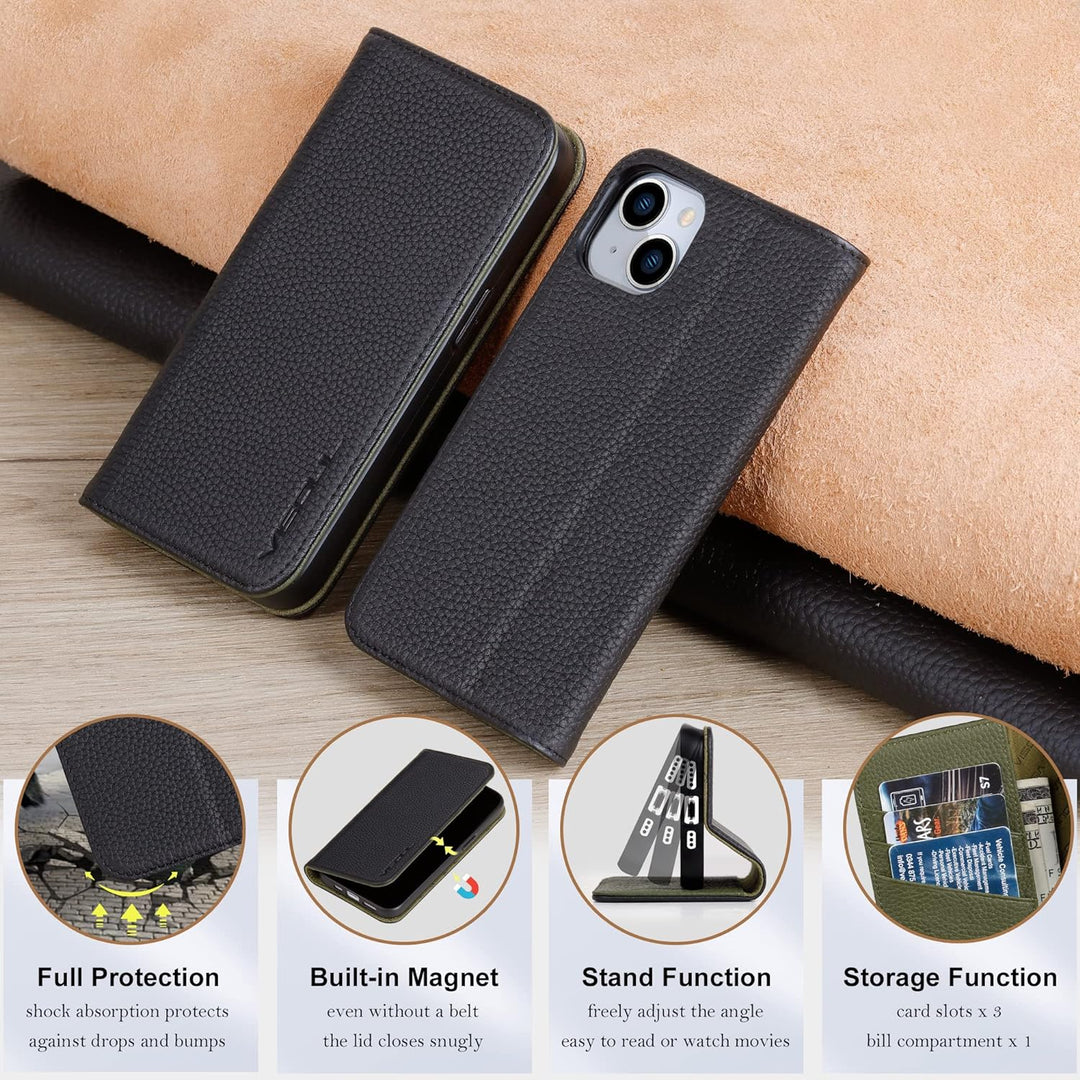 VISOUL iPhone 14 Hülle, Handyhülle iPhone 14[100% Echtleder] [3 Kartenfächer] [Verdichtes TPU] [Magn