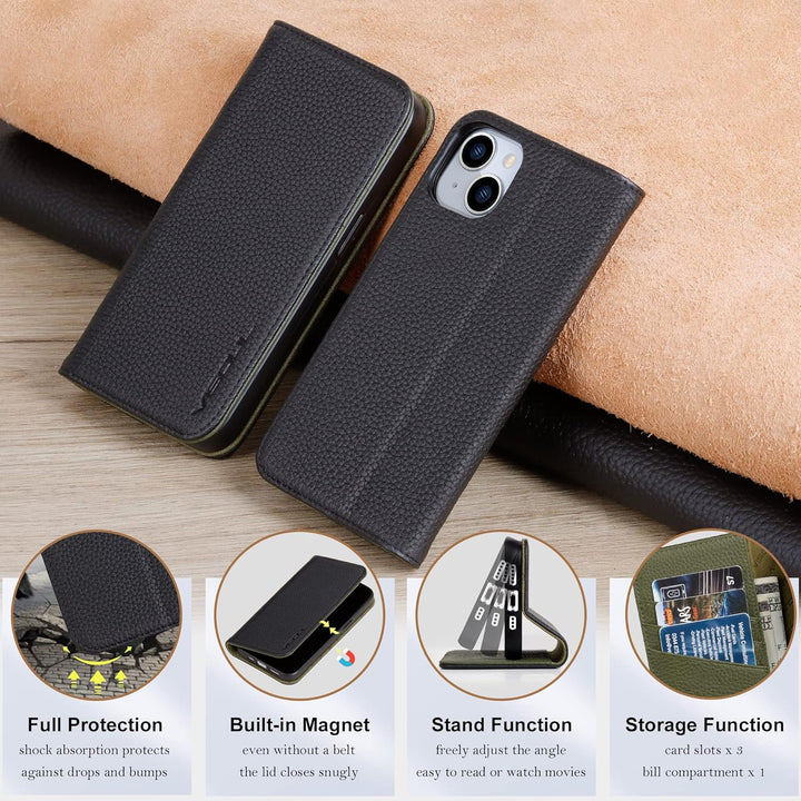 VISOUL iPhone 14 Hülle, Handyhülle iPhone 14[100% Echtleder] [3 Kartenfächer] [Verdichtes TPU] [Magn