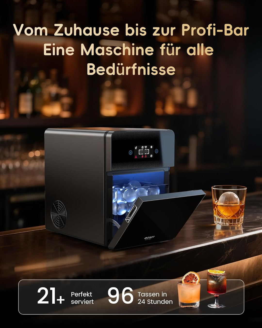 ecozy 60mm Klare Eiswürfelmaschine für Eiskugeln, 3 Kugeln/45 Min, 96 Kugeln/Tag, Automatische Wasse
