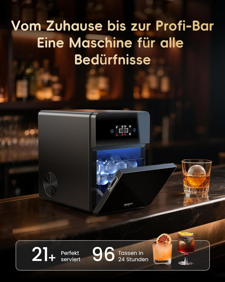 ecozy 60mm Klare Eiswürfelmaschine für Eiskugeln, 3 Kugeln/45 Min, 96 Kugeln/Tag, Automatische Wasse