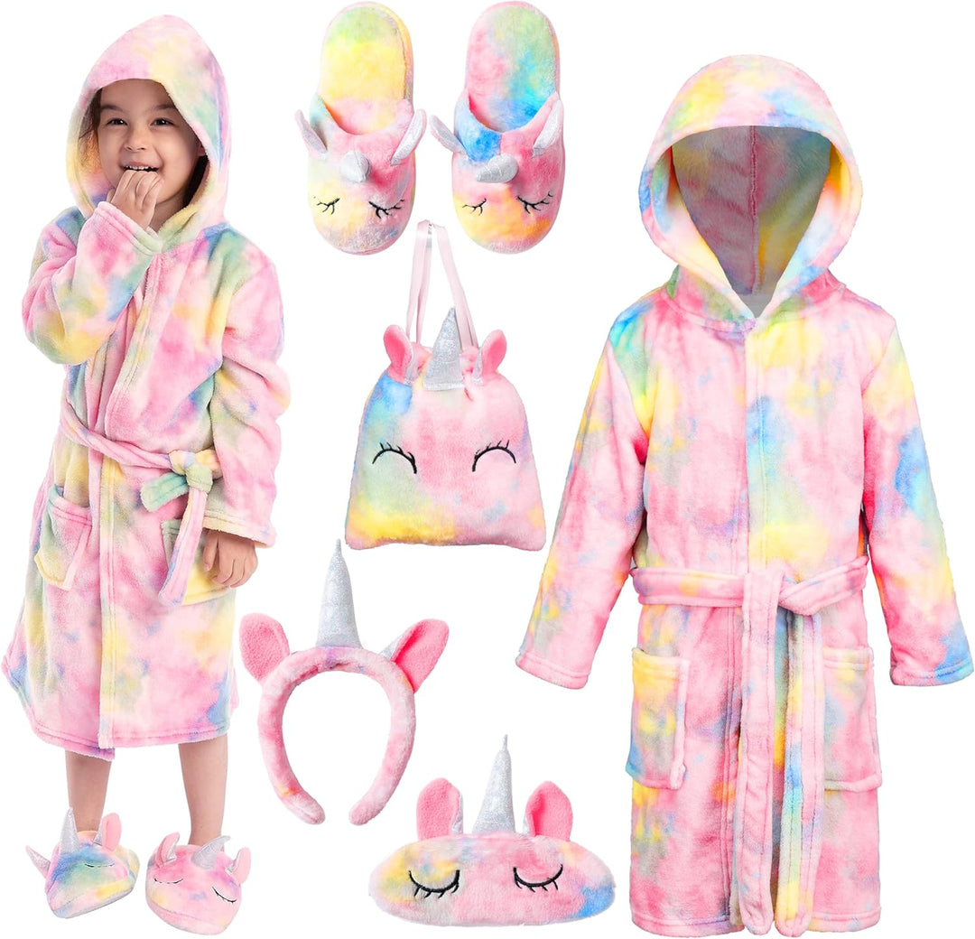 JOYIN Einhorn Bademantel Kinder mit Kapuze Nachtwäsche mit Augenbinde, Tasche, Hausschuhe und Stirnb