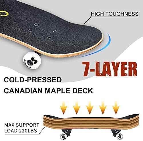 Sefulim 31 x 8 Zoll komplettes Skateboard 7-Schicht kanadischer Ahorn Double Kick Deck Concave Cruis