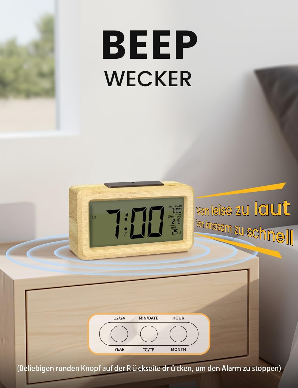 aboveClock Wecker Digital, Digitaler Wecker Holz mit Grosse Temperaturanzeige, Tischuhr mit Snooze,