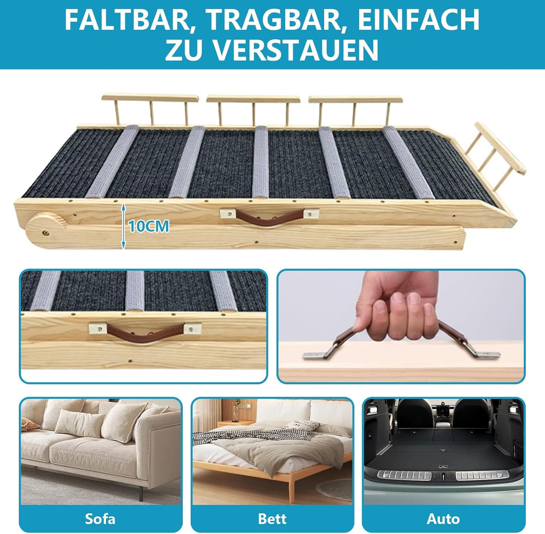 Hunderampe aus Holz, Hundetreppe 6 Stufen Verstellbar 29-66.5cm für Sofa Auto Bett, Treppe für Hunde