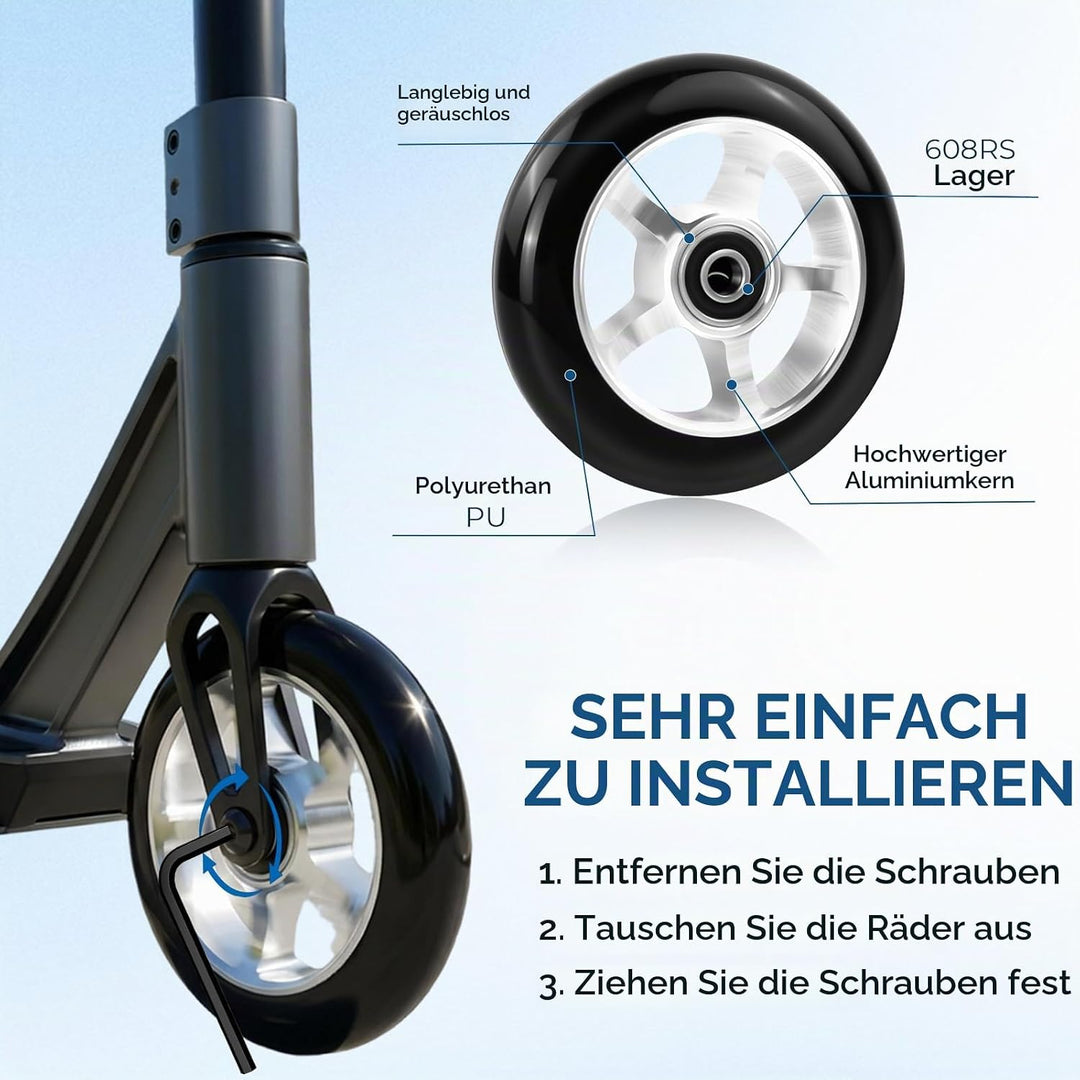 2 Stück Stunt Scooter Rollen 100 x 24mm, Scooter Ersatzräder Räder, Stunt Scooter Reifen, Roller Rei