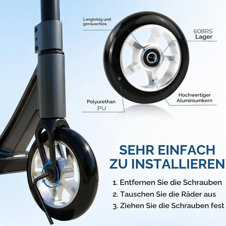 2 Stück Stunt Scooter Rollen 100 x 24mm, Scooter Ersatzräder Räder, Stunt Scooter Reifen, Roller Rei