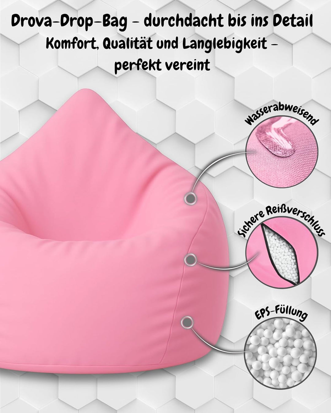 PATCH HOME Sitzsack Tropfenform mit Reissverschluss Nachfüllbar - für In & Outdoor - mit Styropor Fü
