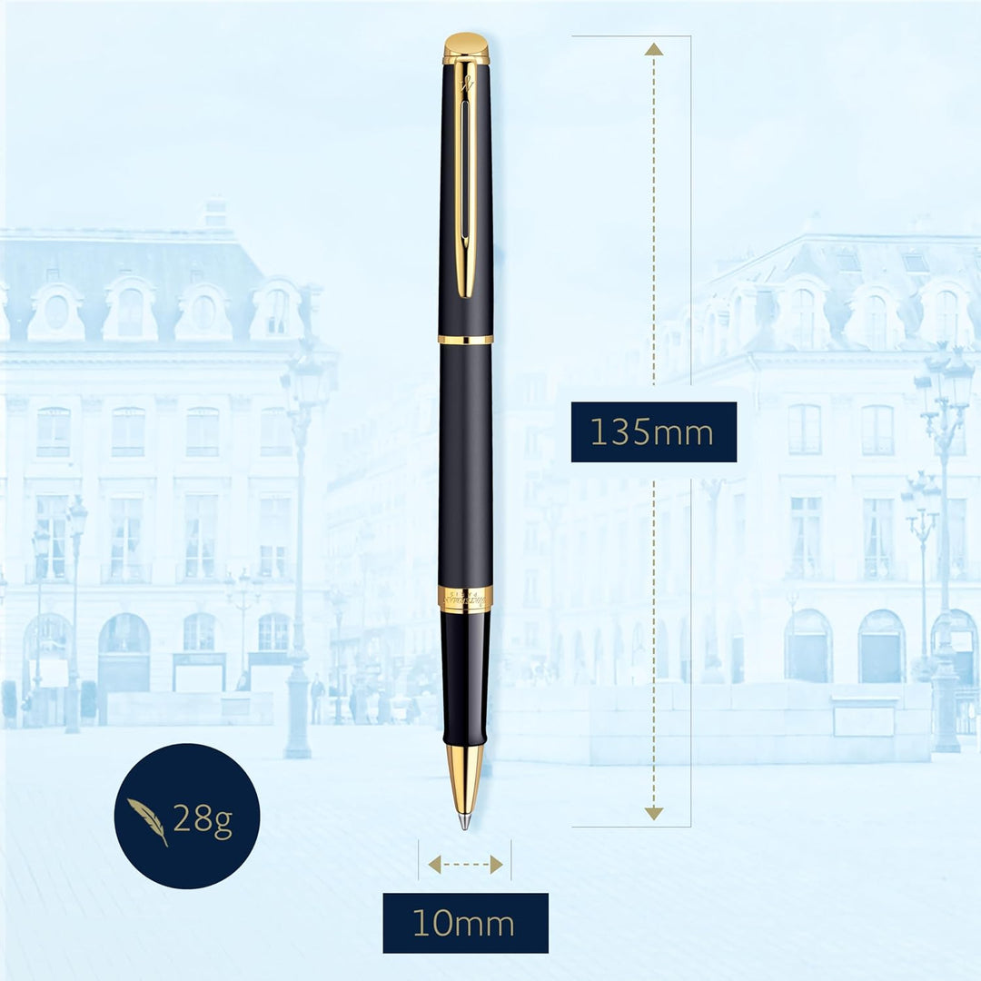 Waterman Hémisphère Tintenroller | Mattschwarz mit Goldzierteile | feine Spitze | Schwarze Tinte | G