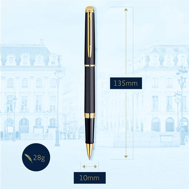 Waterman Hémisphère Tintenroller | Mattschwarz mit Goldzierteile | feine Spitze | Schwarze Tinte | G