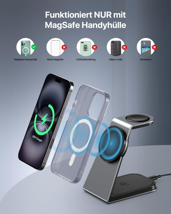 Mag-Safe Ladestation 3 IN 1, Ladegerät kompatibel mit App1e Watch und iPh0ne, Induktive Ladestation