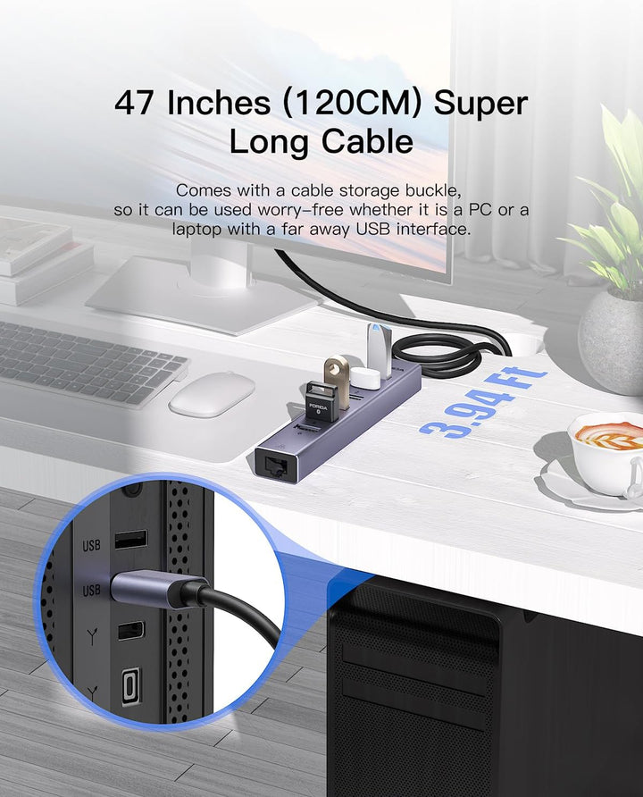 8Port USB Hub 3.0 mit 120cm Kabel, USB zu Netzwerk-Hub mit 6 3.0 Ports und 1000Mbps LAN Adapter, 5V/