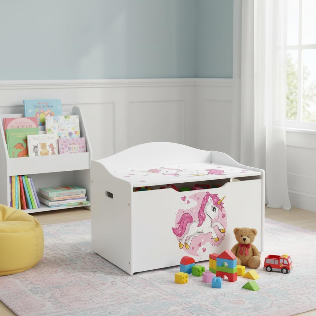 Leomark Kinderbank Hölzerne - UV-Druck: Rosa Einhorn - Kindertruhenbank, Behälter für Spielzeug, Tru