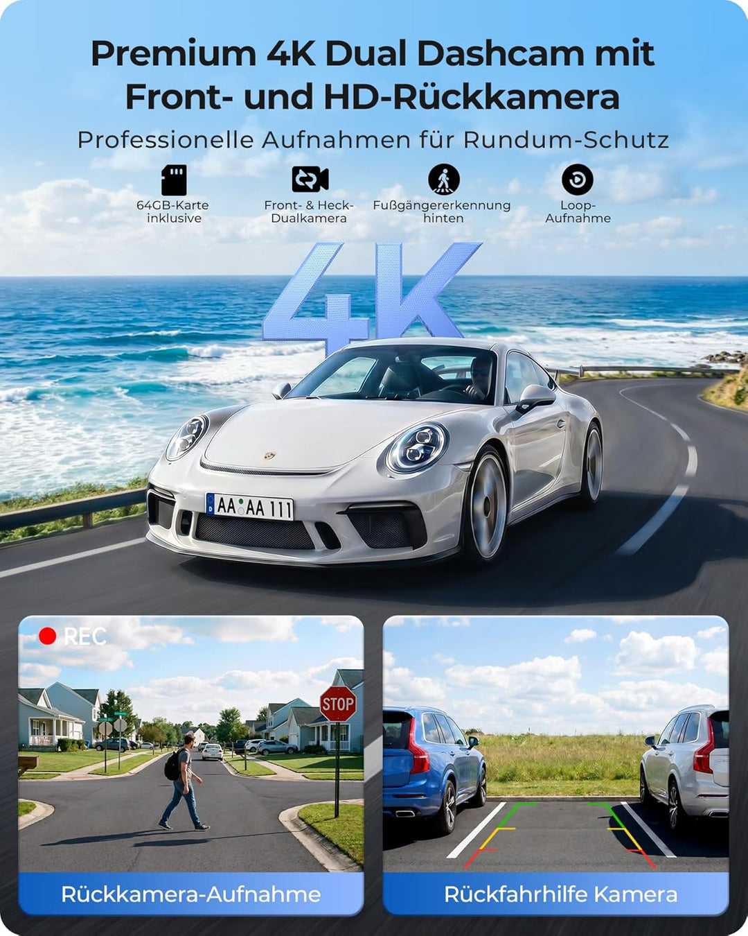 10,26" Drahtloses Tragbarer 60FPS Car Play Display mit 4K Dashcam Vorne HD Hinten für Apple Carplay