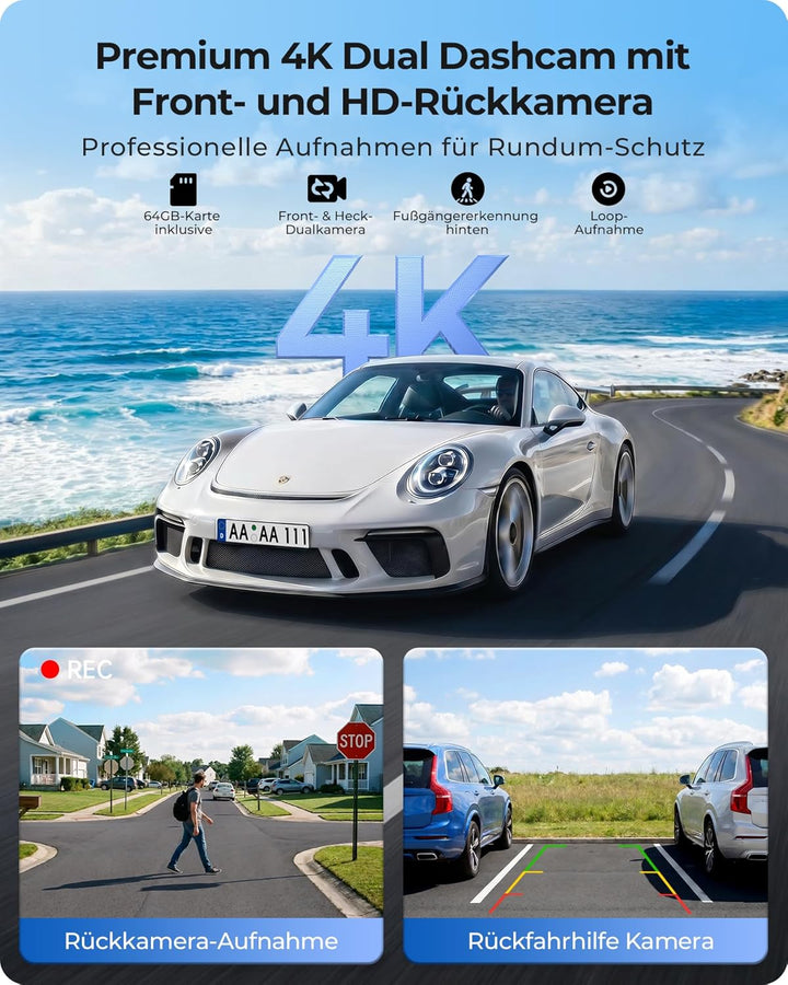 10,26" Drahtloses Tragbarer 60FPS Car Play Display mit 4K Dashcam Vorne HD Hinten für Apple Carplay