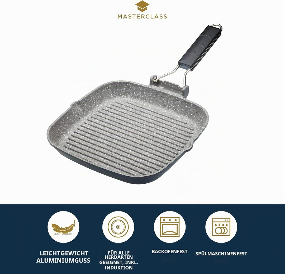 MasterClass Induktionssichere Antihaft-Grillpfanne mit Klappgriff, 20 cm (8"), Schwarz, 20 cm