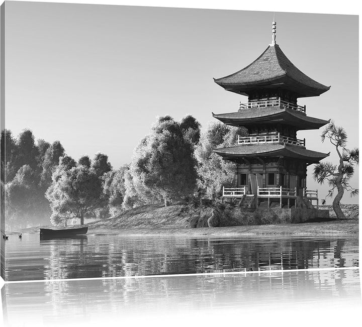 Pixxprint asiatischer Tempel an See als Leinwandbild/Grösse: 100x70 / Wandbild/Kunstdruck/fertig bes