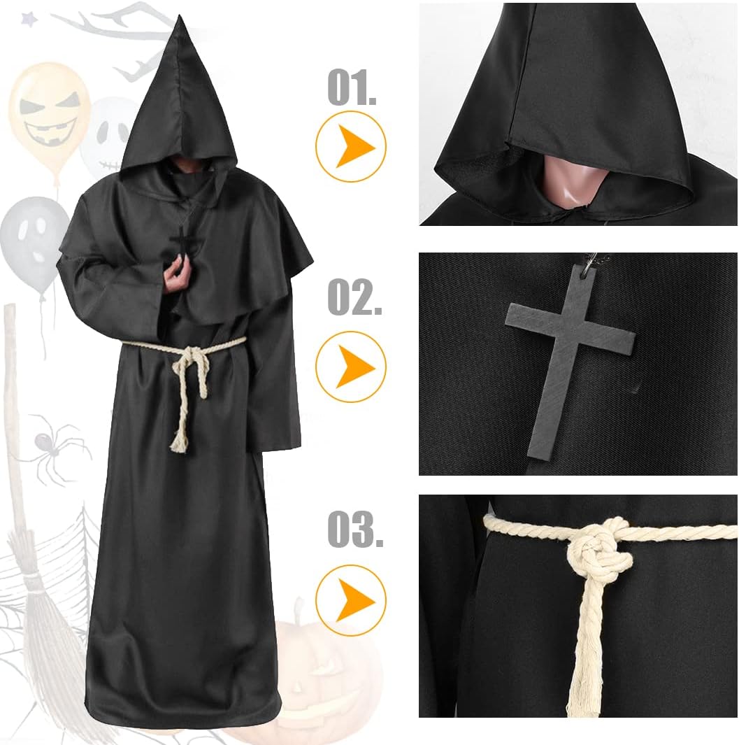 Mönch Robe, L Mittelalterliche Renaissance Robe, Kostüm Mönch mit Kapuze und Kordel, Schwarz Männer
