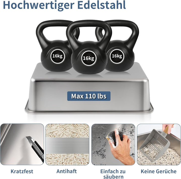 Shikha Edelstahl Katzenklo mit Deckel, 60.5L*40.5B*38H cm XXL Katzenklo Edelstahl Geschlossen, Gross