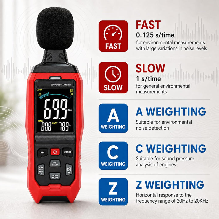 Dezibel-Meter Schallpegelmesser, Hohe Genauigkeit db Meter Klassenzimmer Lärmmesser mit A/C/Z Gewich