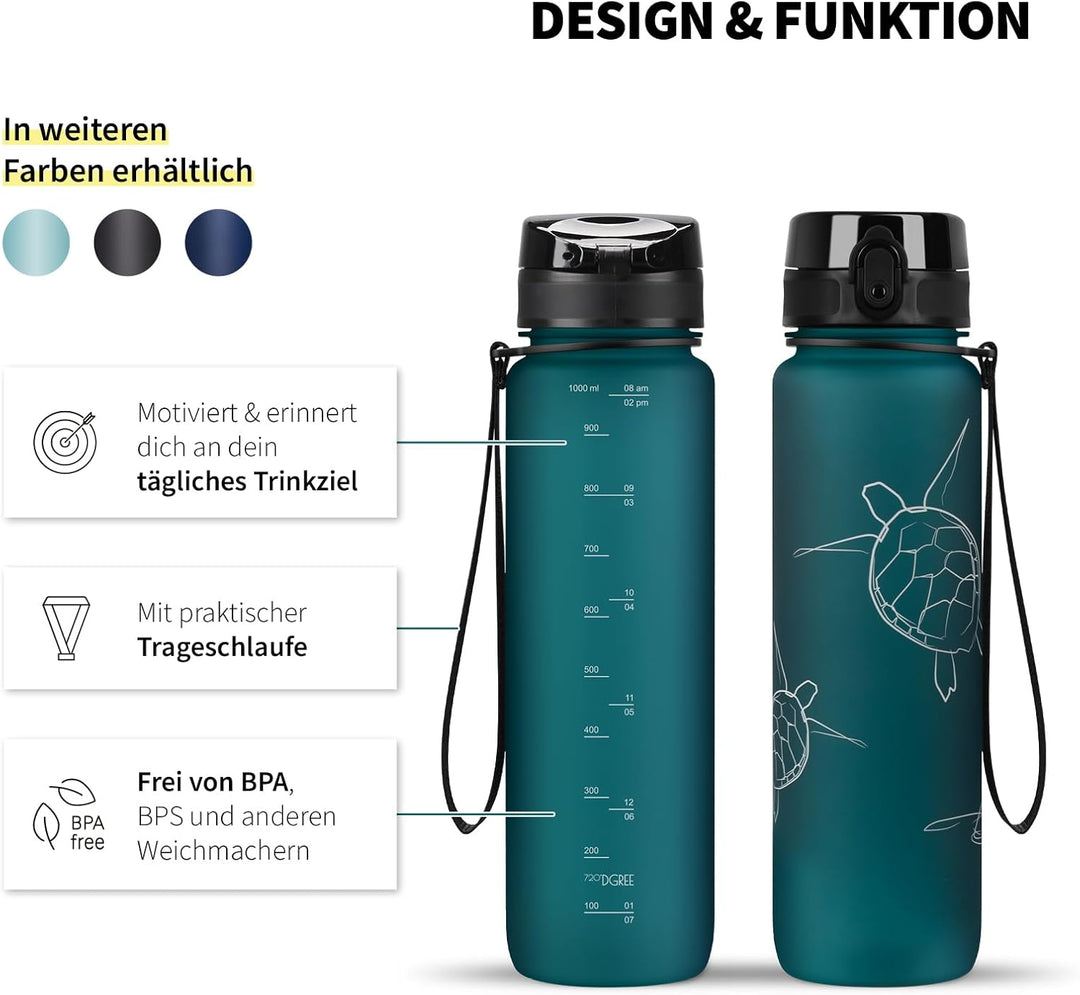 720°DGREE Trinkflasche 1l mit Motiv “uberBottle“ +Sieb - Auslaufsicher, Leicht, BPA-Frei, Bruchsiche