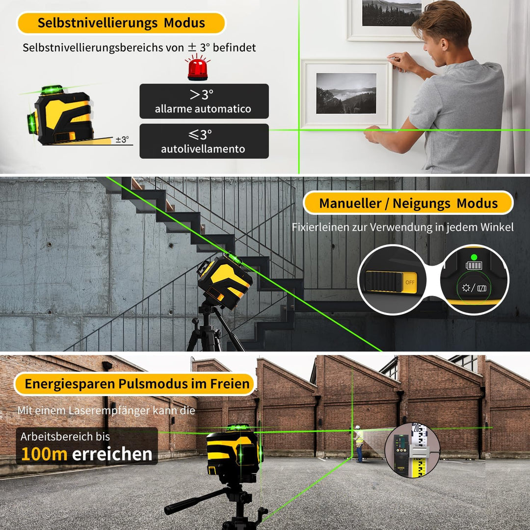 Kreuzlinienlaser mit Stativ,3 x 360°Laser Wasserwaage Selbstnivellierend,Linienlaser mit Teleskopsta