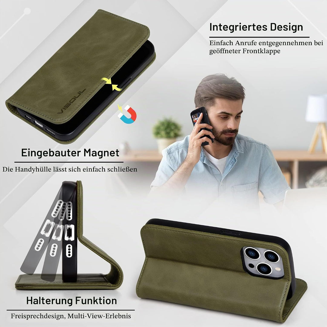 VISOUL Hülle für iPhone 14 Pro Max Handyhülle [Echtleder] [Schützt] [Kartenfach] [Magnet] [Standfunk