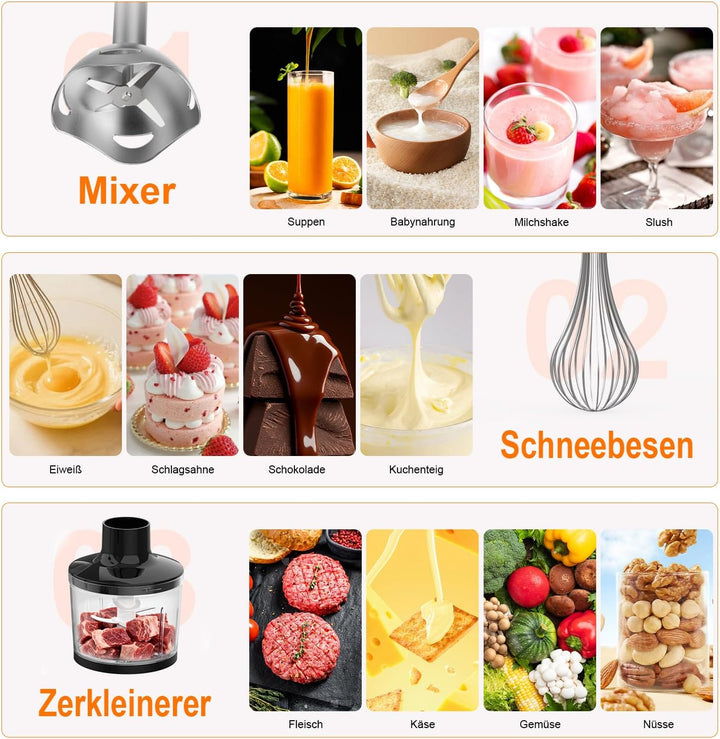 Ibergrif Stabmixer 1000W 4-in-1 Edelstahl Handmixer mit stufenloser Geschwindigkeitsregelung und Tur