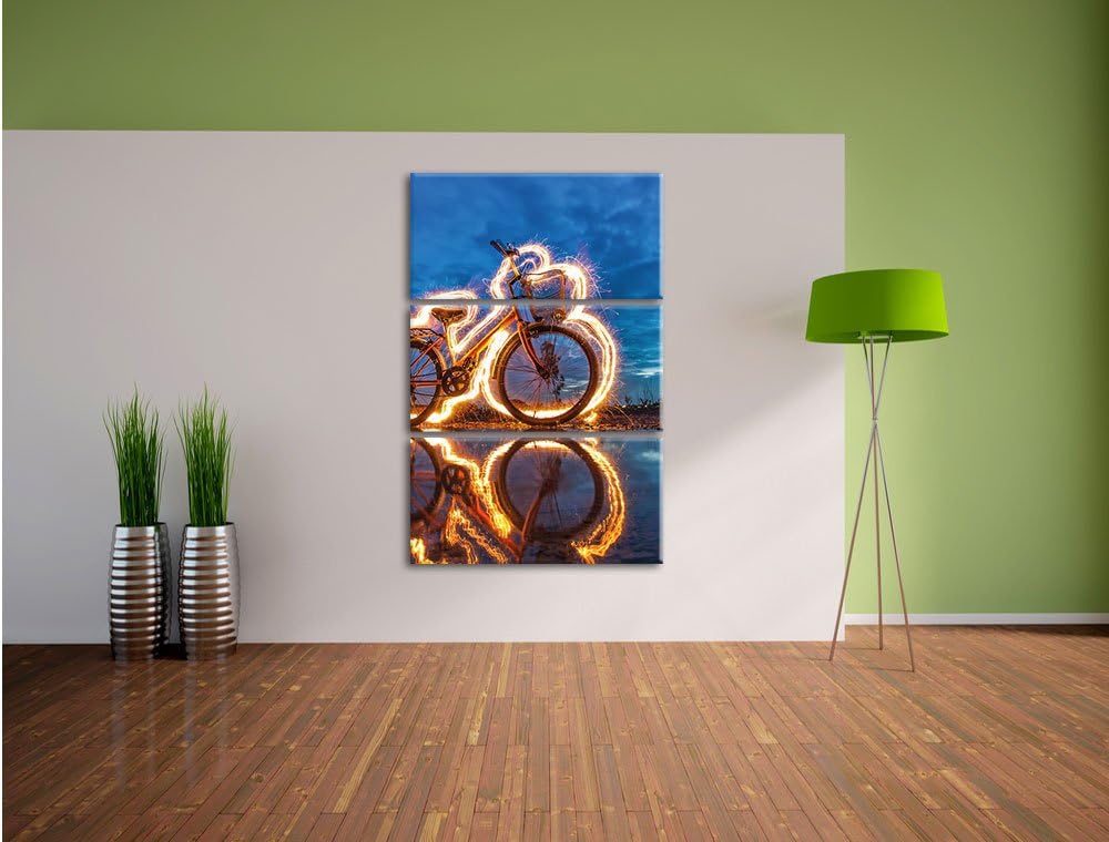 Pixxprint Burning Bike brennendes Fahrrad 3Teiler 120x80 cm Leinwandbild Wandbild Kunstdruck